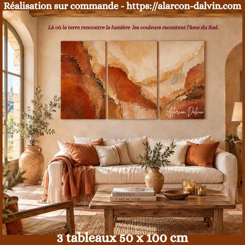 terre-dor-triptyque-abstrait-terracotta-beige-150x100-decoration-interieur-provencal-alarcon-dalvin - 7 Triptyque abstrait terracotta, beige et ocre Terre d’Or dans un salon provençal – Alarcon Dalvin