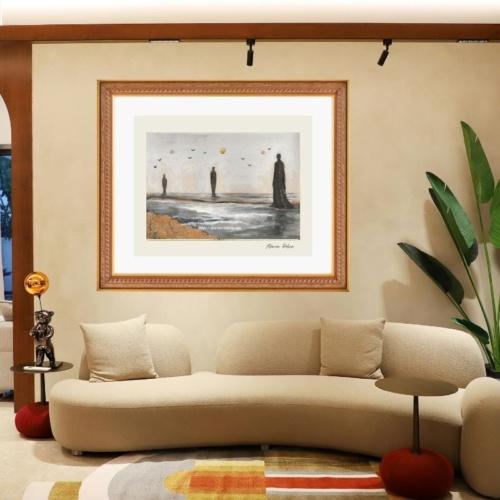 Œuvre Transformation sur papier par Alarcon Dalvin, trois silhouettes entrant dans la lumière dans un paysage abstrait, exposée dans un salon moderne beige.