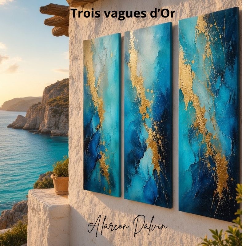 Triptyque abstrait bleu et or Les Trois Vagues inspiré par la Méditerranée