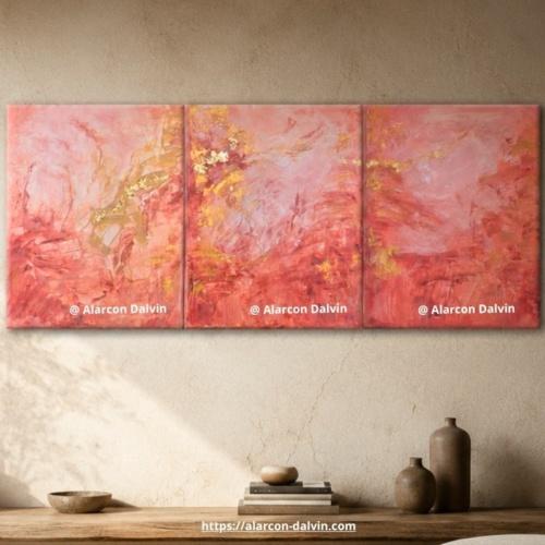 Triptyque abstrait terracotta wabi-sabi rose et or peint à la main à l’acrylique au pinceau et couteau par l’artiste Alarcon Dalvin Oeuvre unique et originale