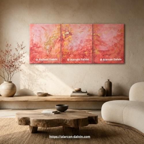 Salon wabi-sabi avec triptyque abstrait terracotta rose et or peint à la main a l'acrylique sur toile par l’artiste peintre Alarcon Dalvin